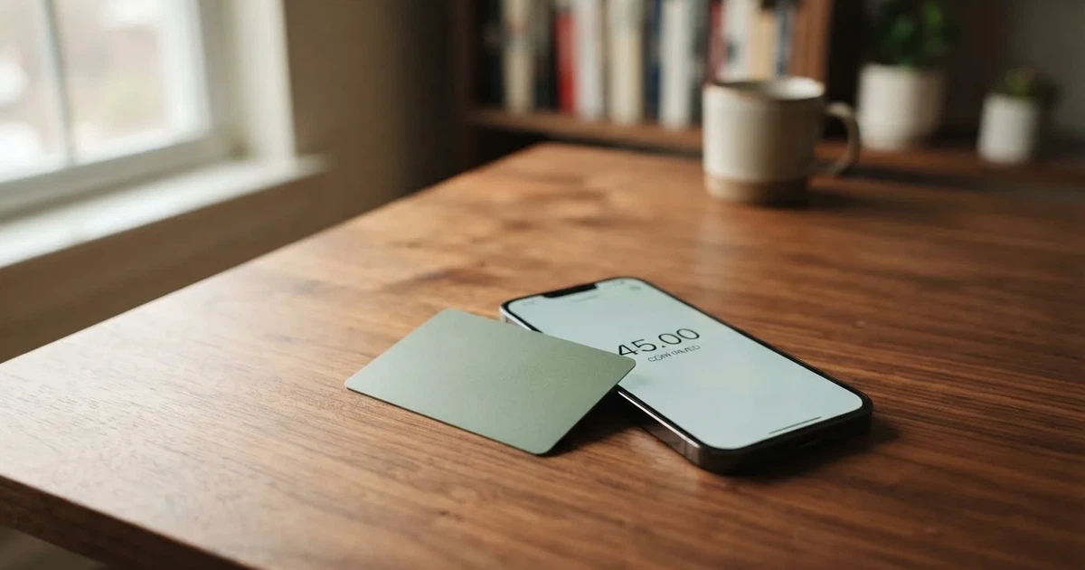 A payment card next to a phone with a crypto wallet app open