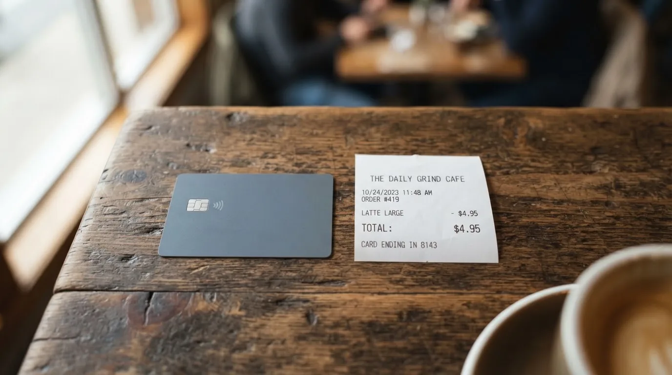 A receipt and a card on a café table