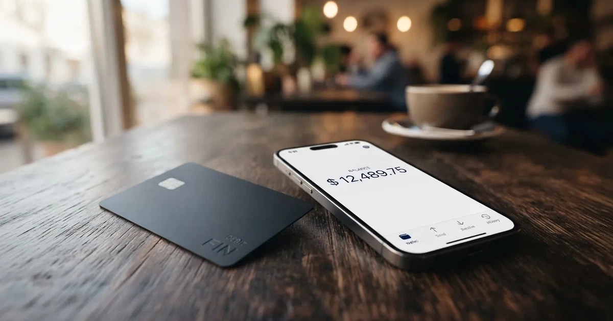 A payment card next to a phone with a crypto wallet app open