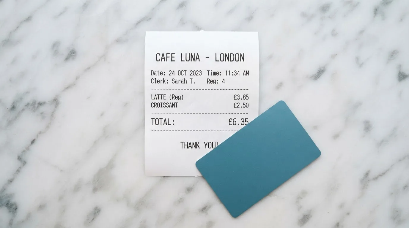 A receipt and a card on a café table