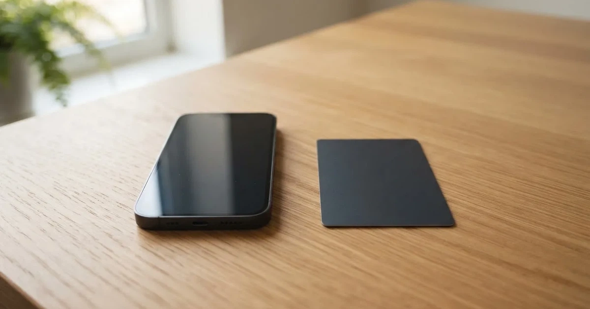A payment card next to a phone with a crypto wallet app open