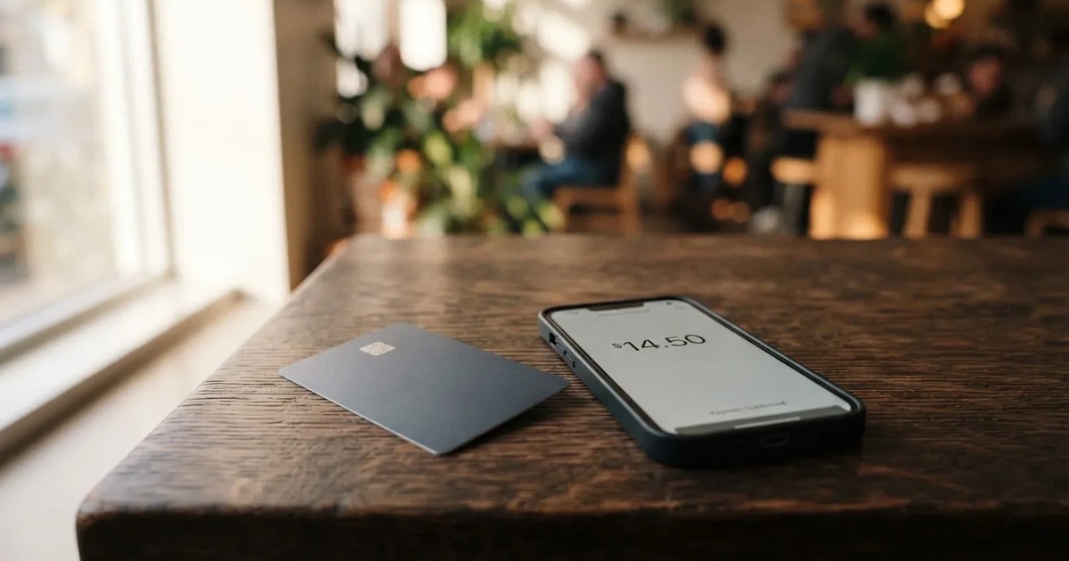 A payment card next to a phone with a crypto wallet app open