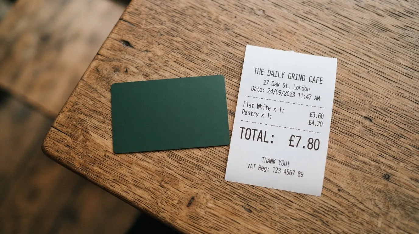 A receipt and a card on a café table