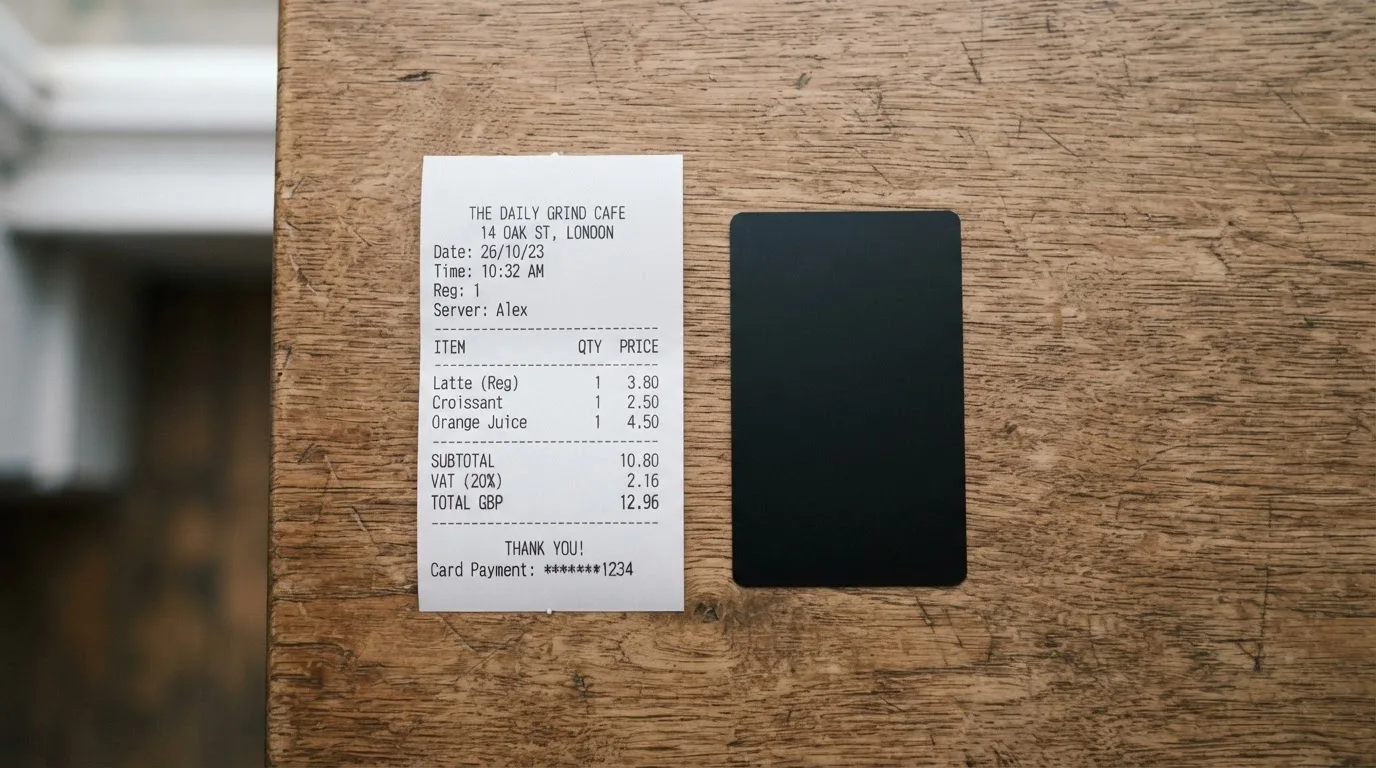 A receipt and a card on a café table