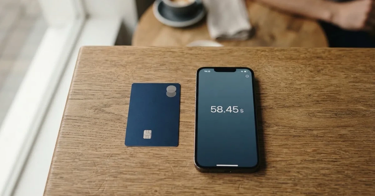 A payment card next to a phone with a crypto wallet app open