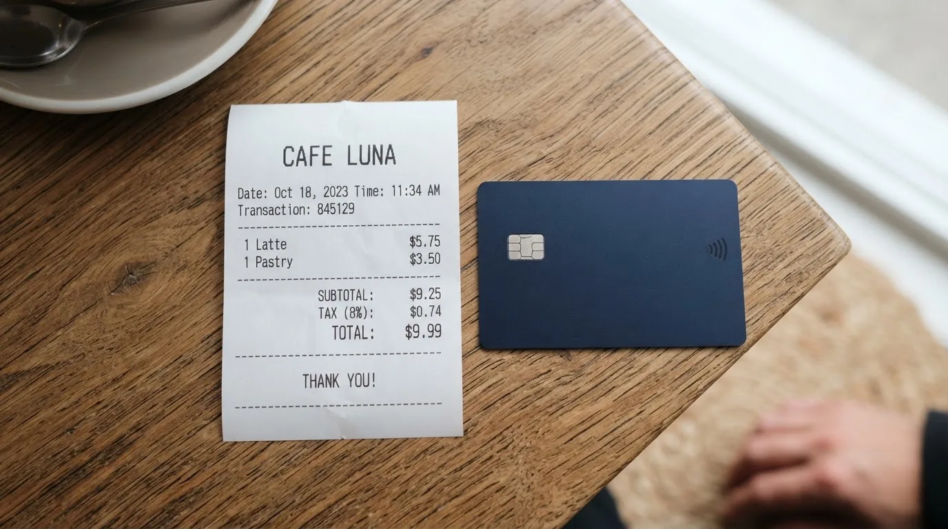 A receipt and a card on a café table