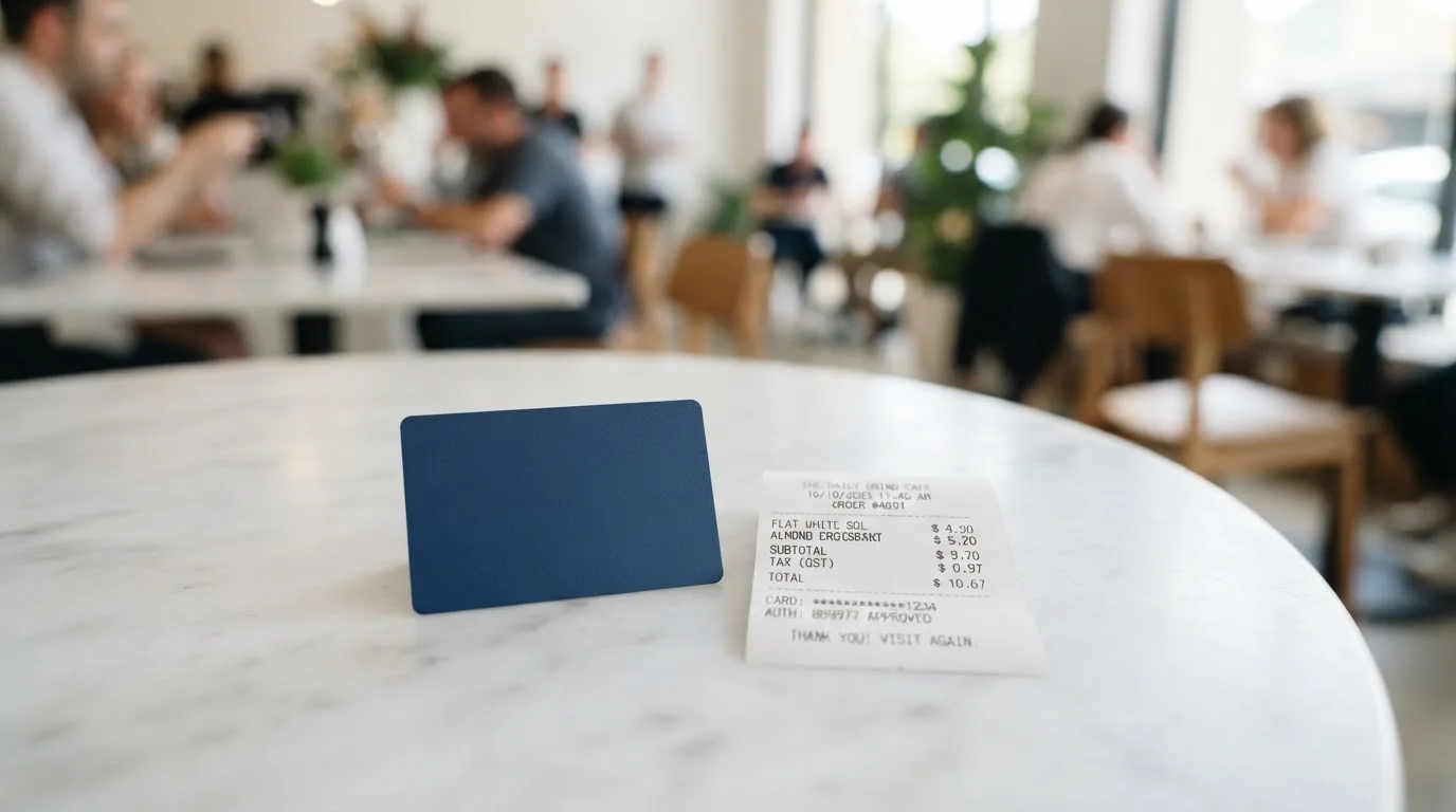 A receipt and a card on a café table