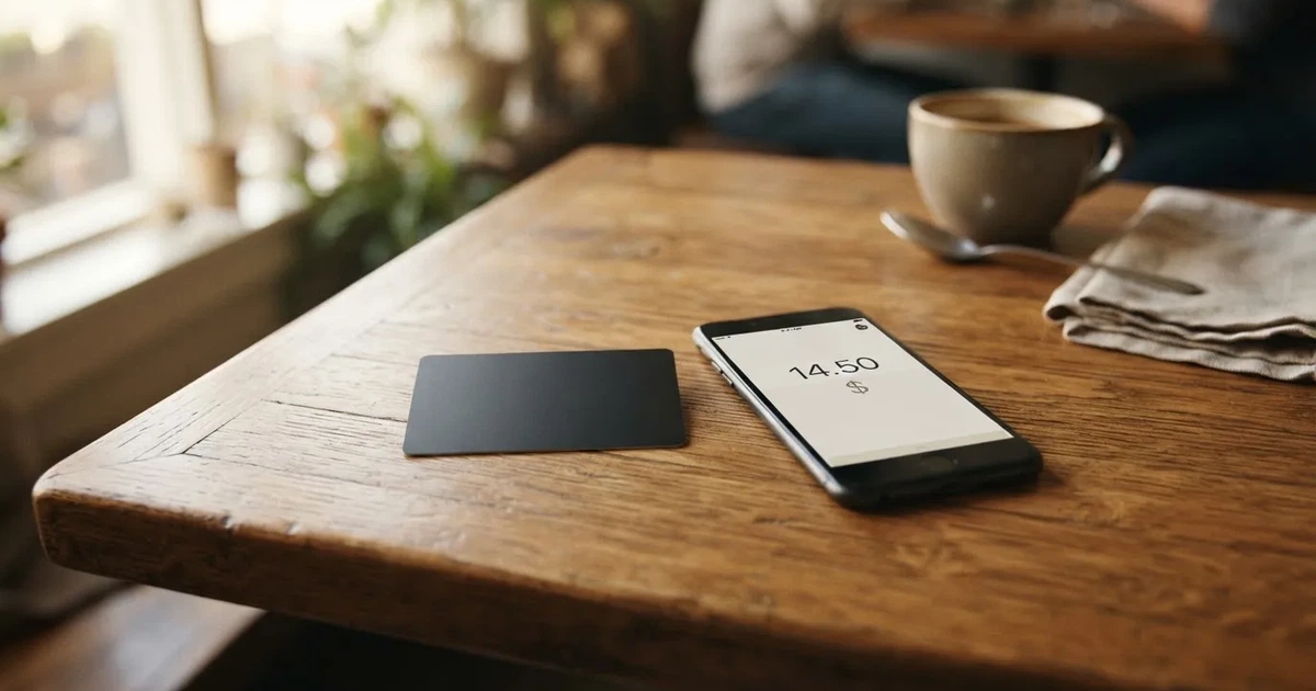 A payment card next to a phone with a crypto wallet app open