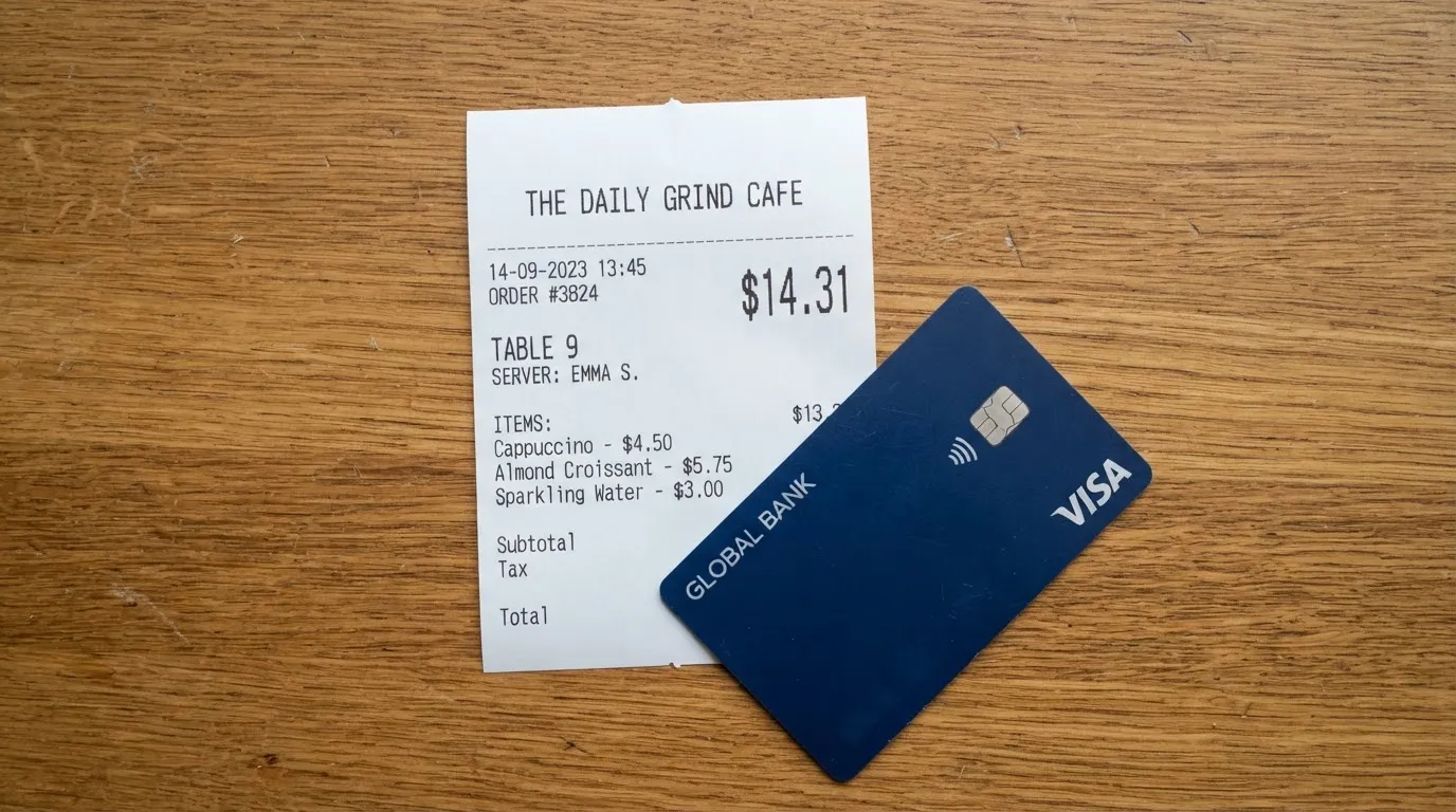 A receipt and a card on a café table