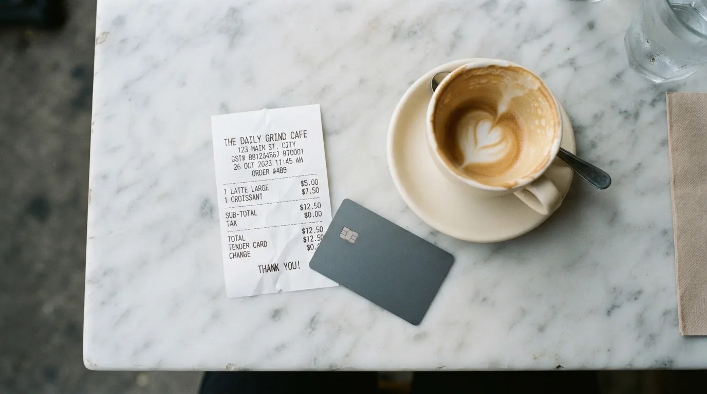 A receipt and a card on a café table