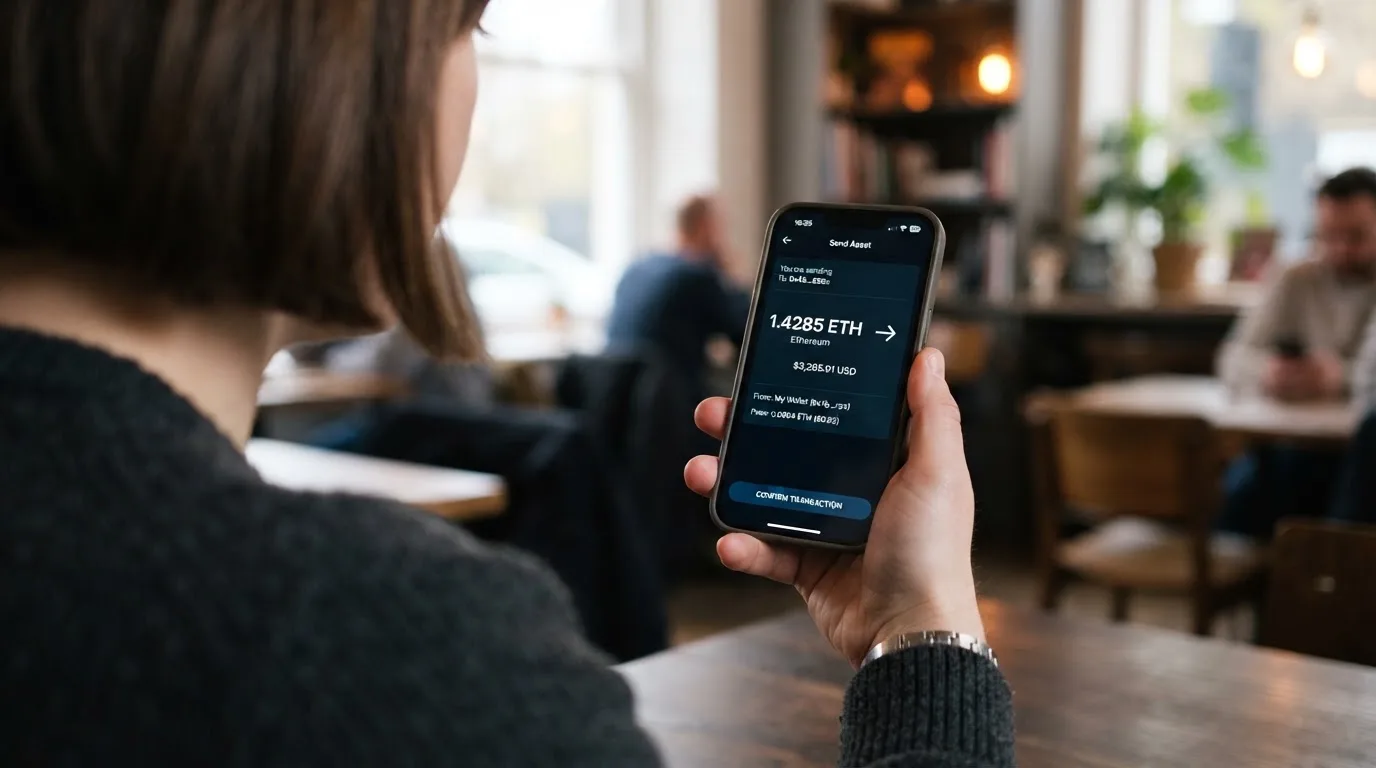A phone showing a stablecoin transfer screen