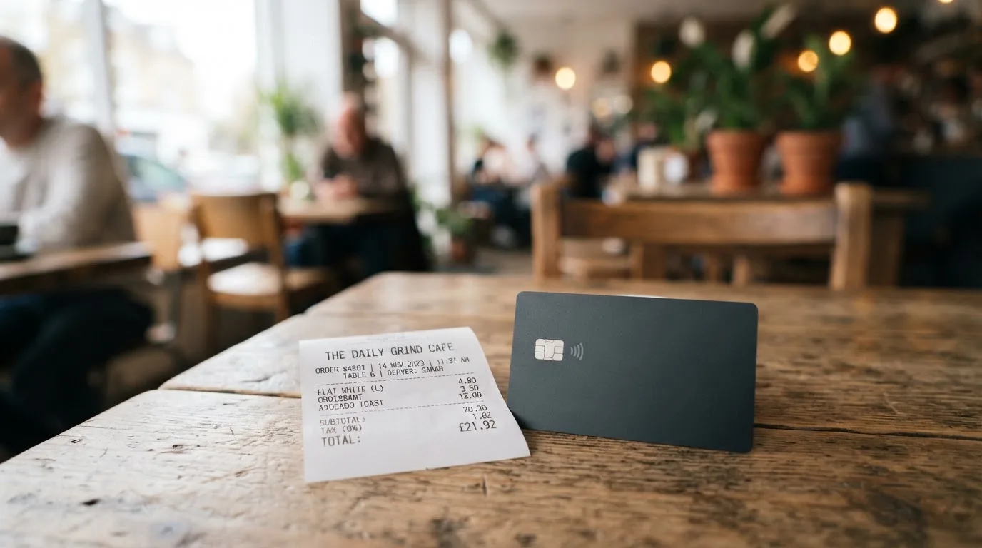 A receipt and a card on a café table