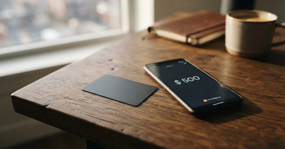 A payment card next to a phone with a crypto wallet app open