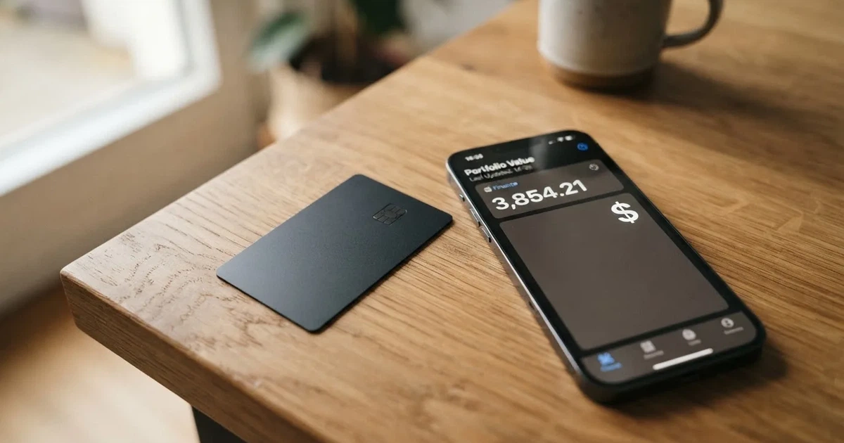 A payment card next to a phone with a crypto wallet app open