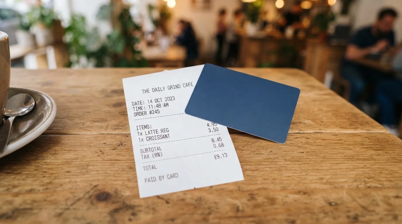 A receipt and a card on a café table