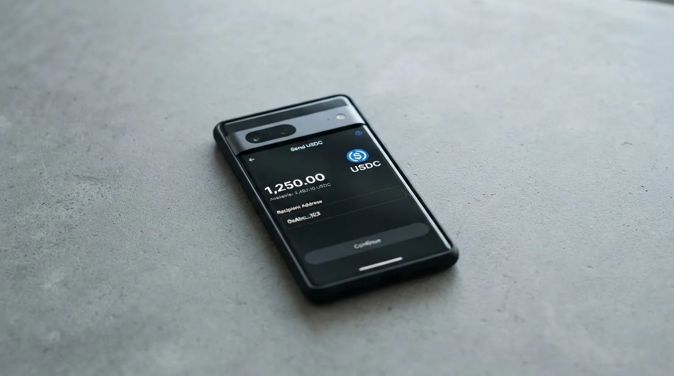 A phone showing a stablecoin transfer screen