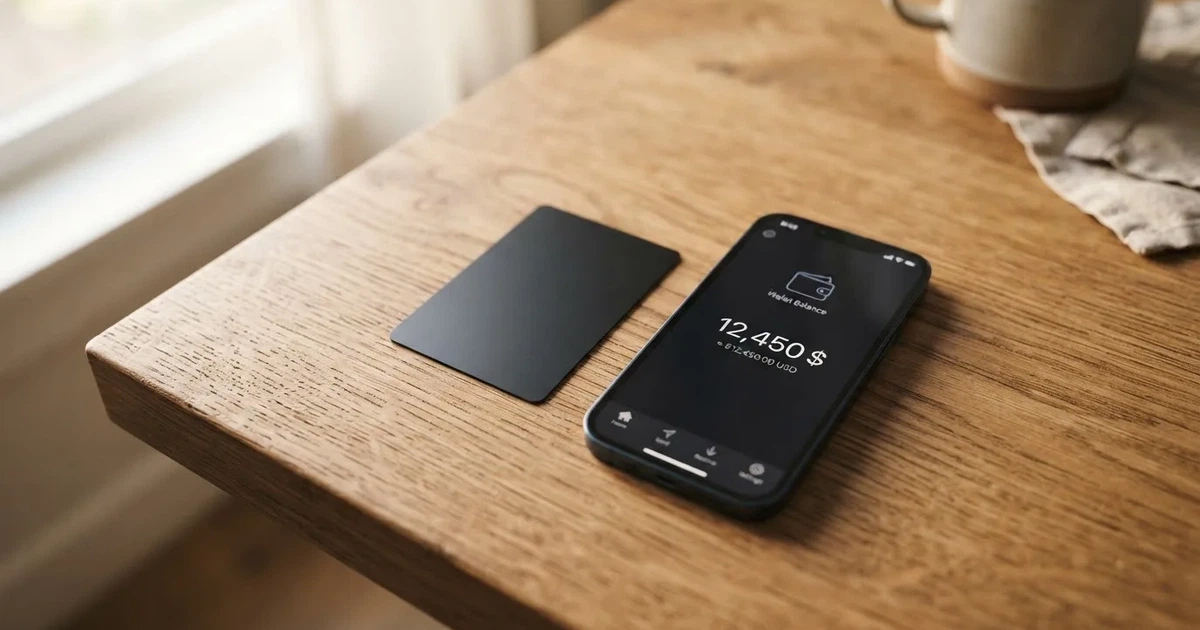 A payment card next to a phone with a crypto wallet app open