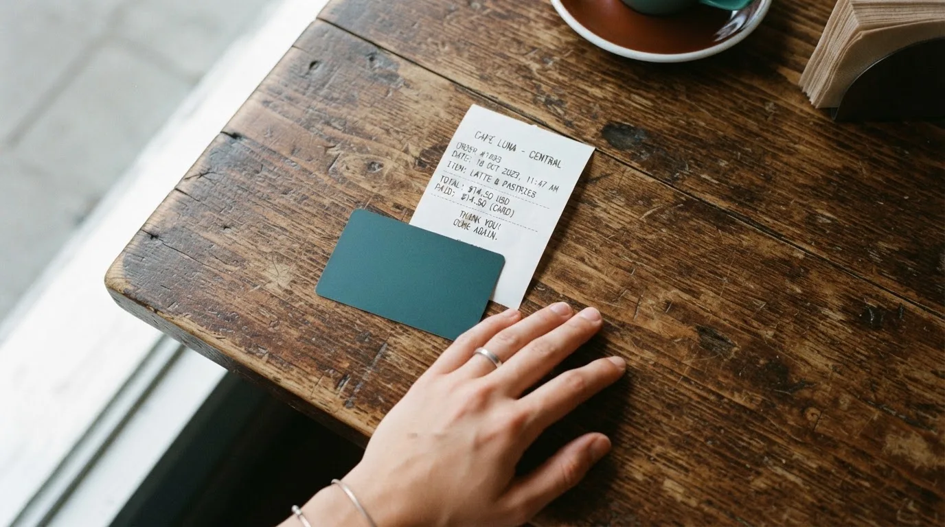 A receipt and a card on a café table