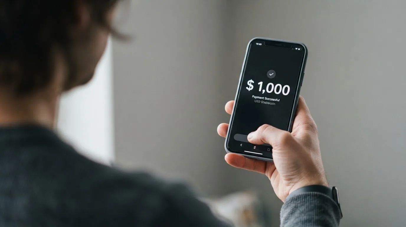 A phone showing a stablecoin transfer screen