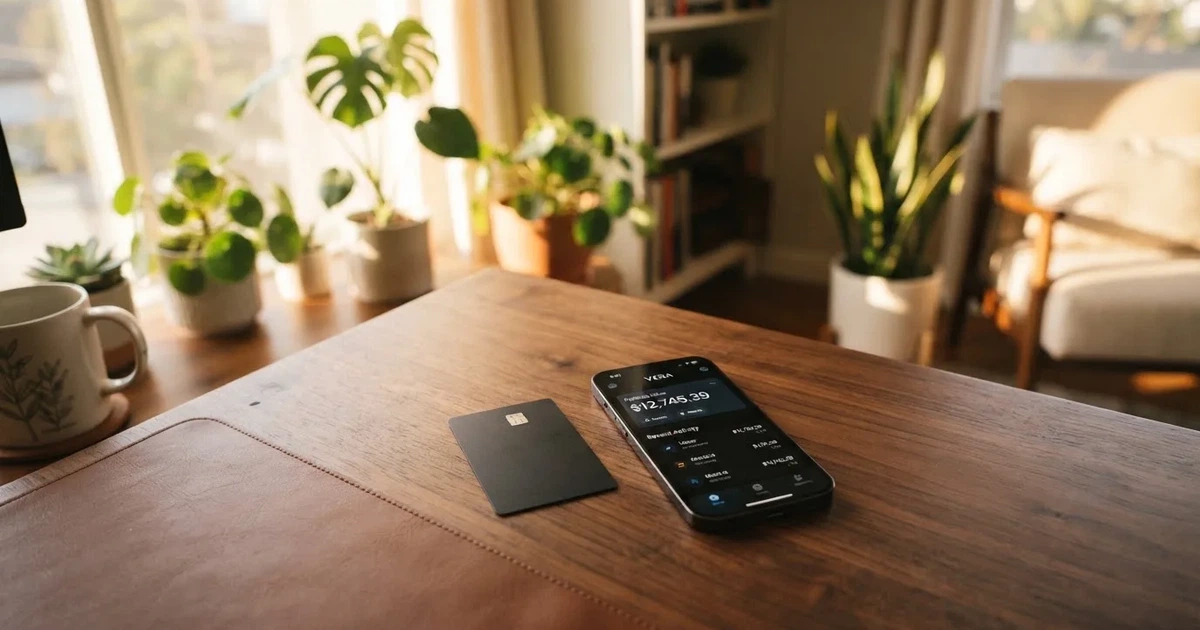 A payment card next to a phone with a crypto wallet app open