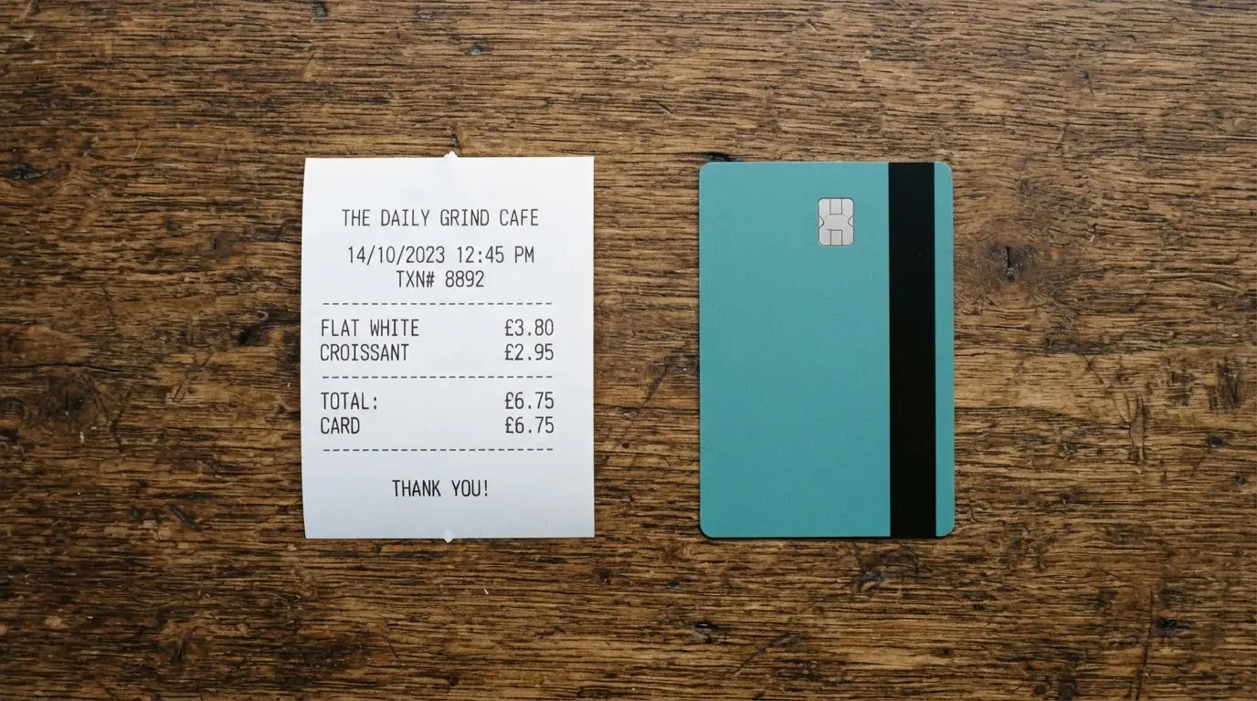 A receipt and a card on a café table
