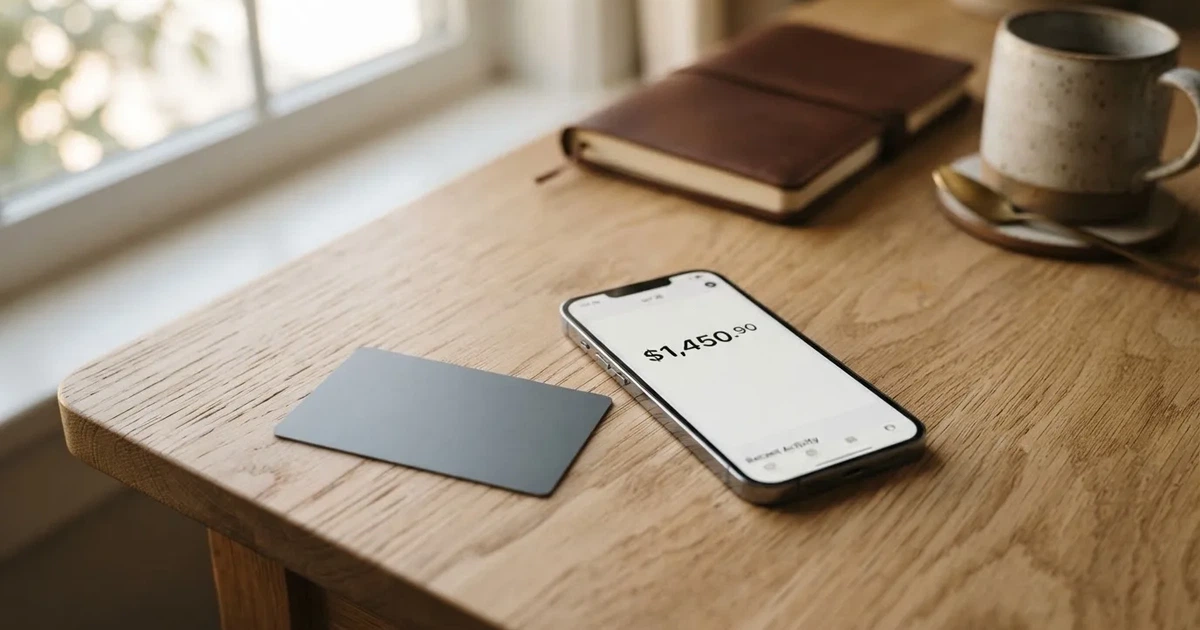 A payment card next to a phone with a crypto wallet app open