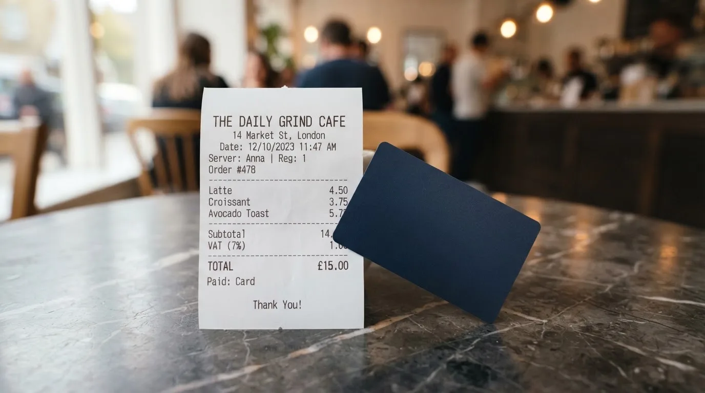 A receipt and a card on a café table