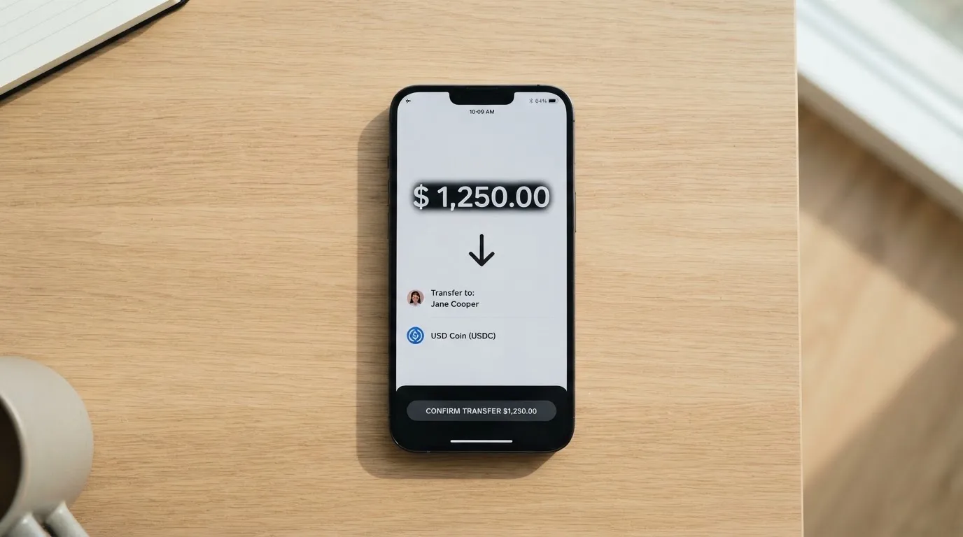 A phone showing a stablecoin transfer screen