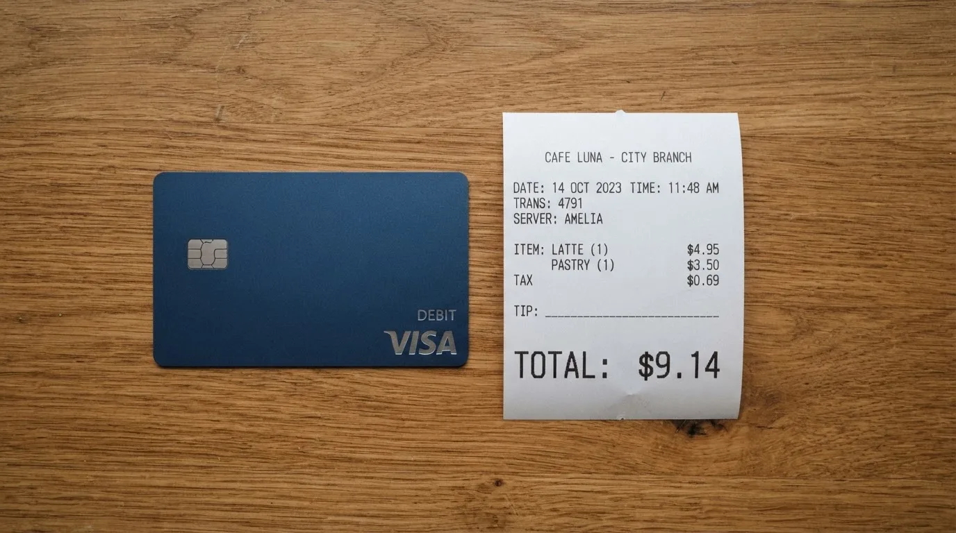 A receipt and a card on a café table