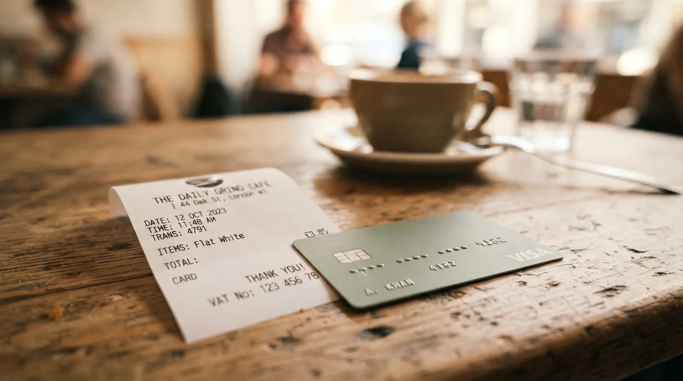 A receipt and a card on a café table