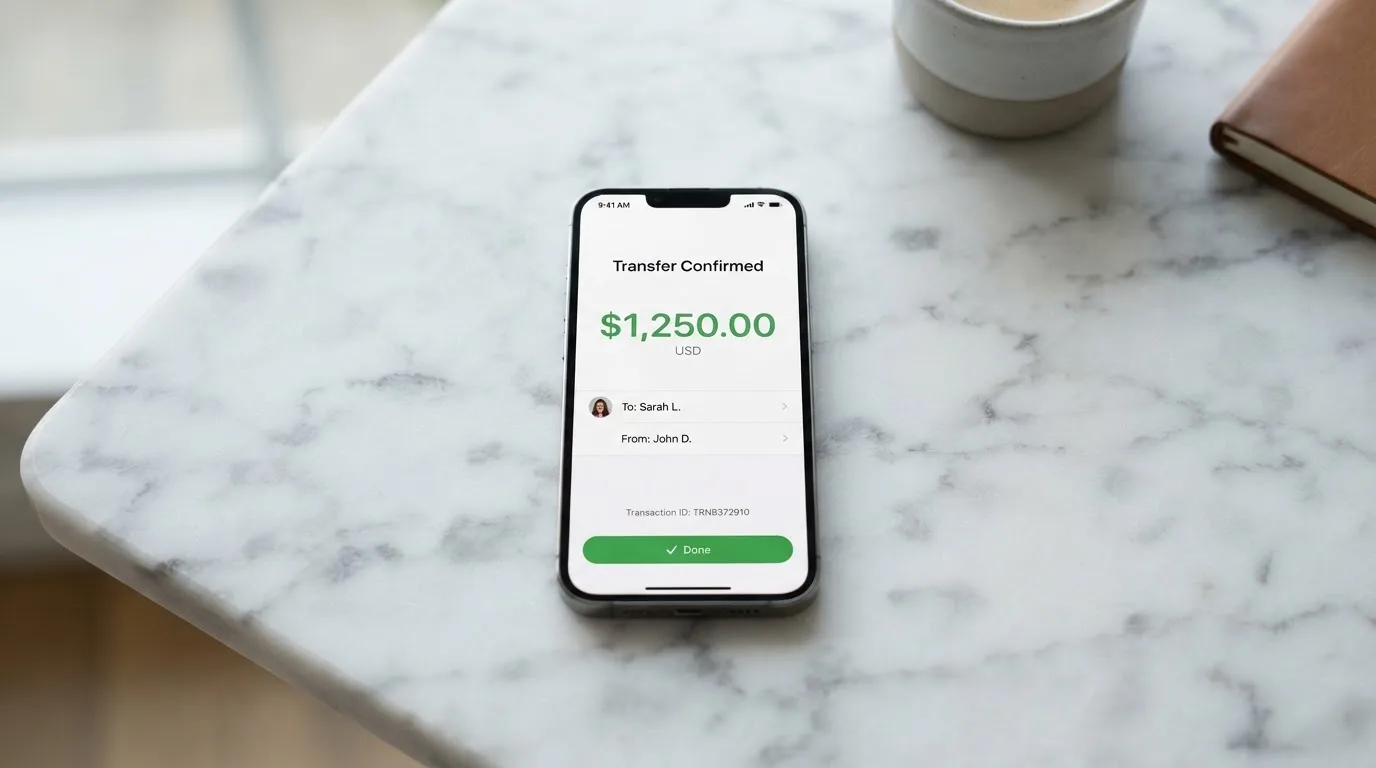 A phone showing a stablecoin transfer screen