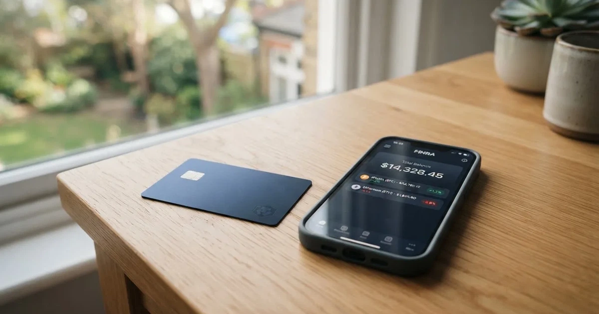 A payment card next to a phone with a crypto wallet app open