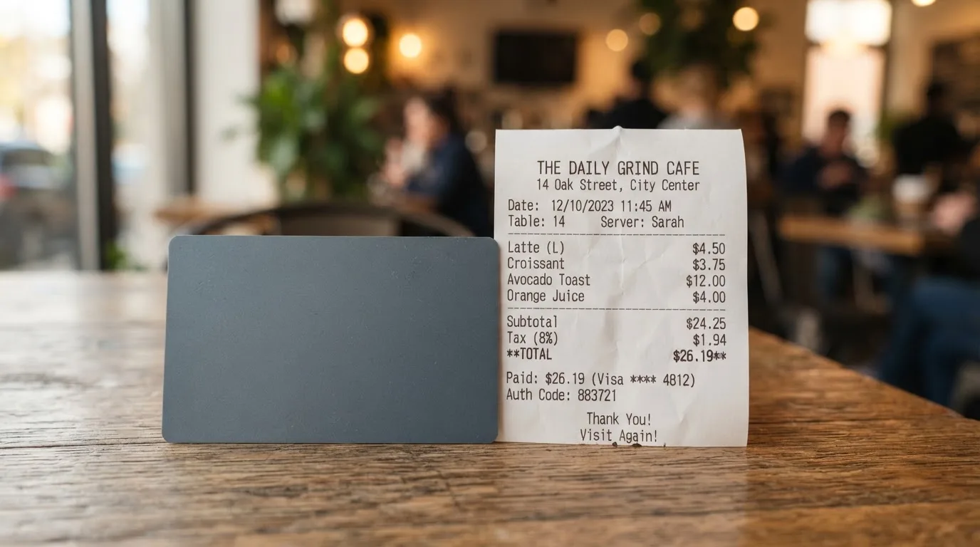 A receipt and a card on a café table