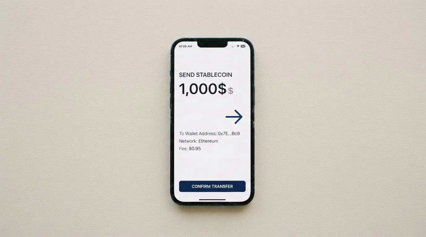 A phone showing a stablecoin transfer screen