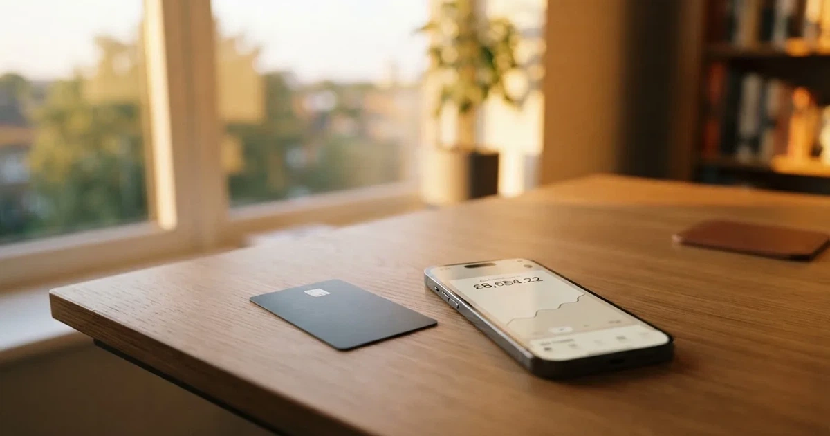 A payment card next to a phone with a crypto wallet app open