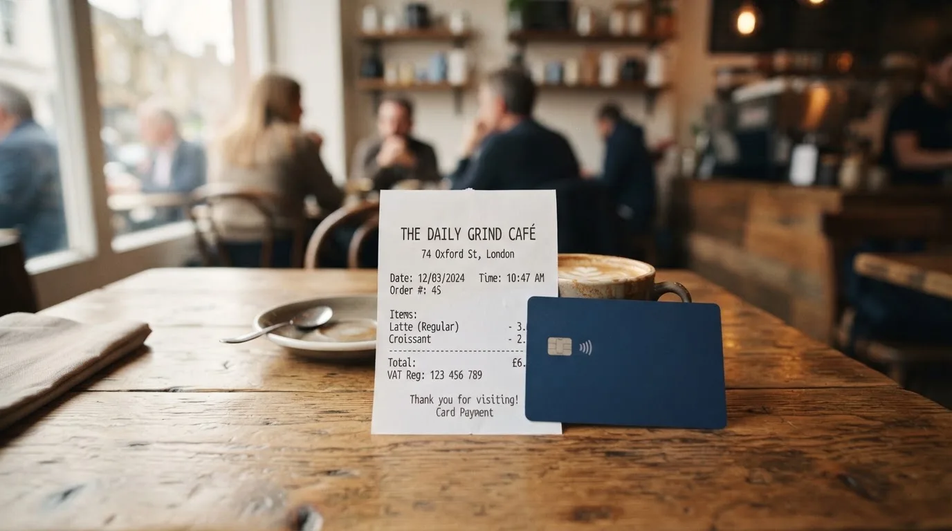 A receipt and a card on a café table