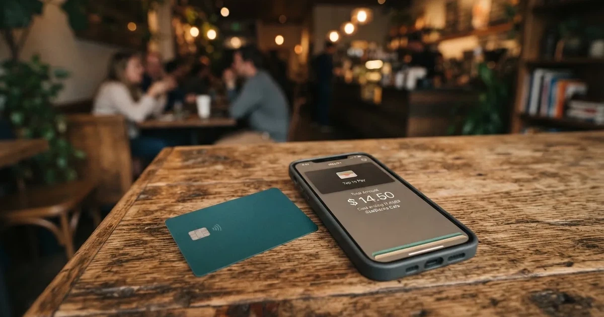 A payment card next to a phone with a crypto wallet app open