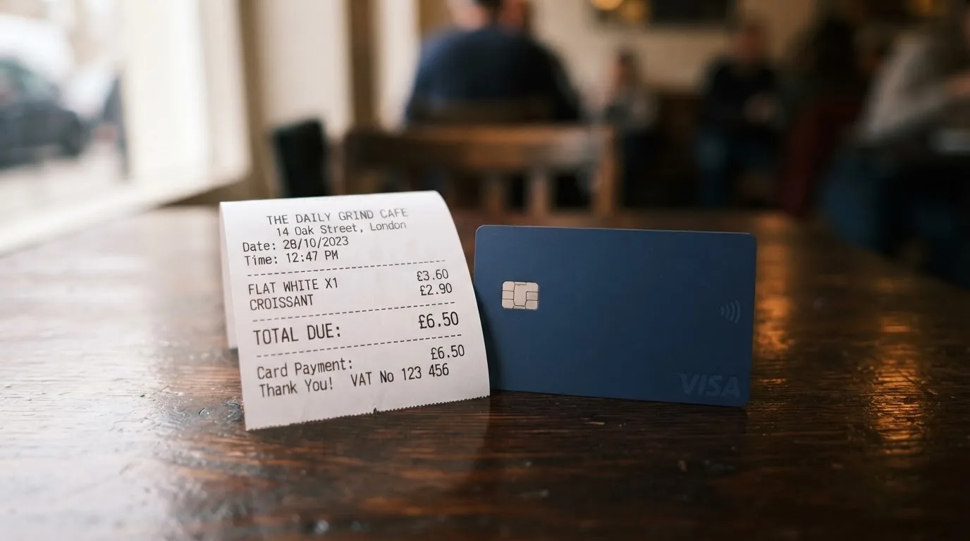 A receipt and a card on a café table