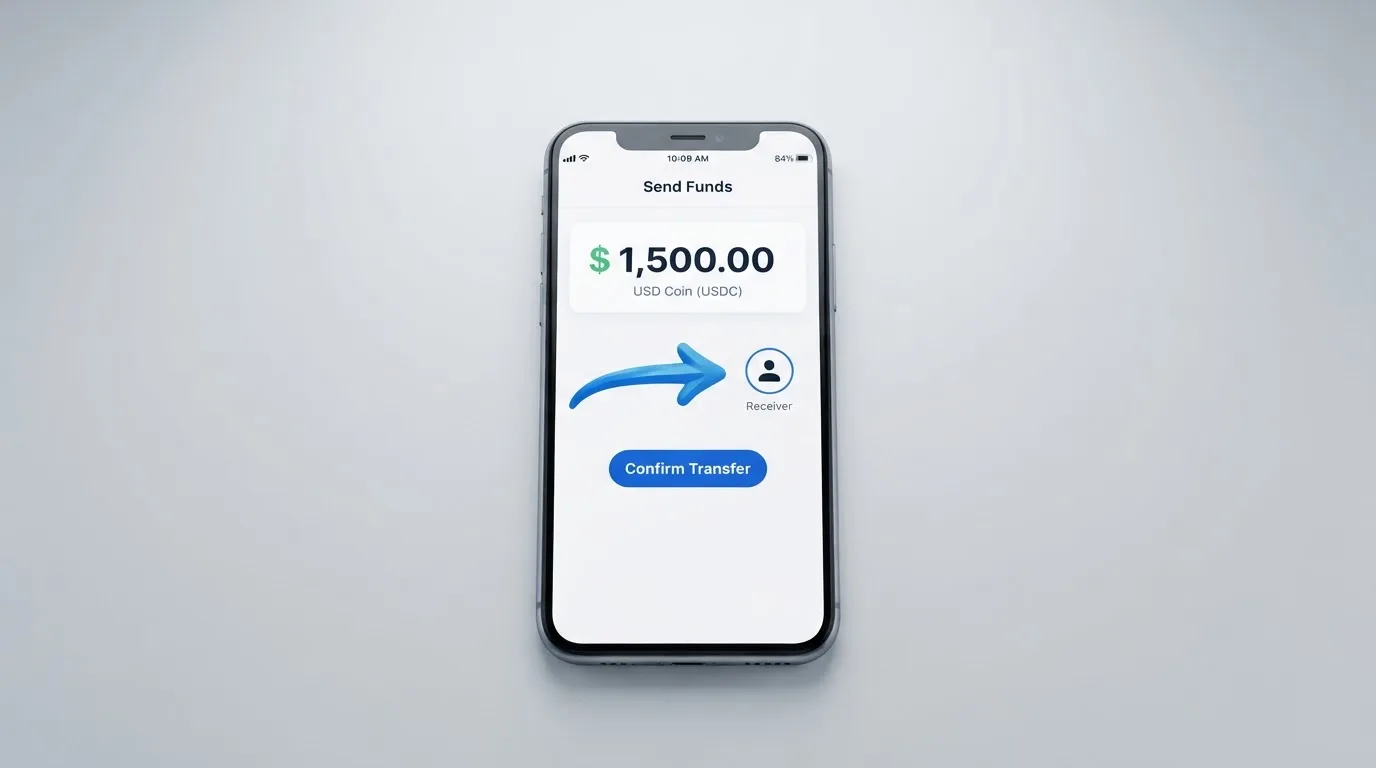 A phone showing a stablecoin transfer screen