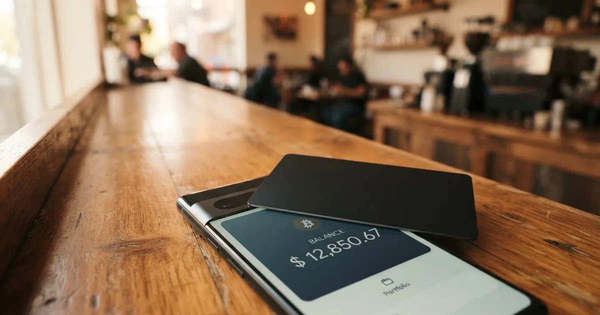 A payment card next to a phone with a crypto wallet app open