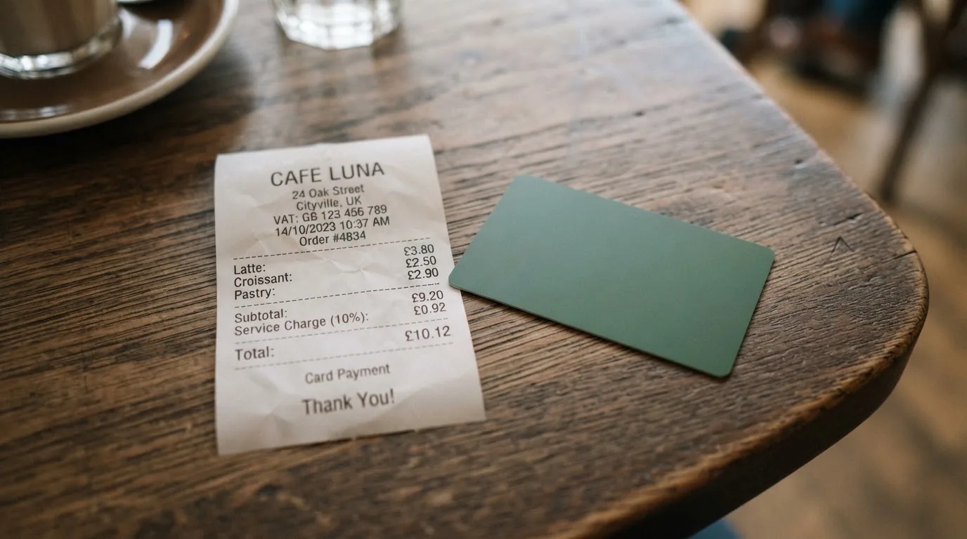 A receipt and a card on a café table
