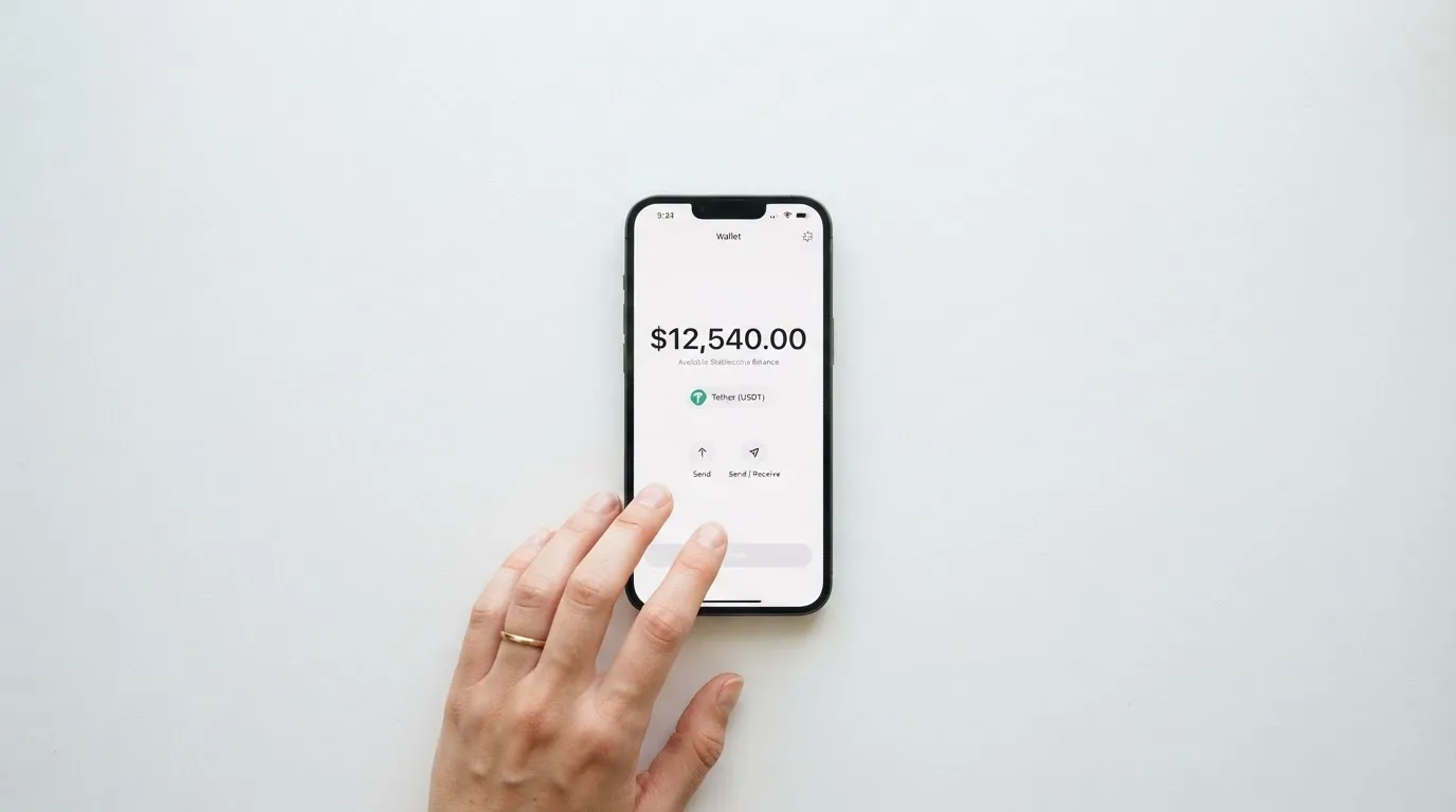 A phone showing a stablecoin transfer screen