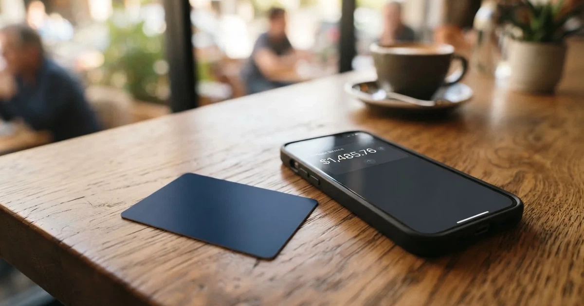 A payment card next to a phone with a crypto wallet app open