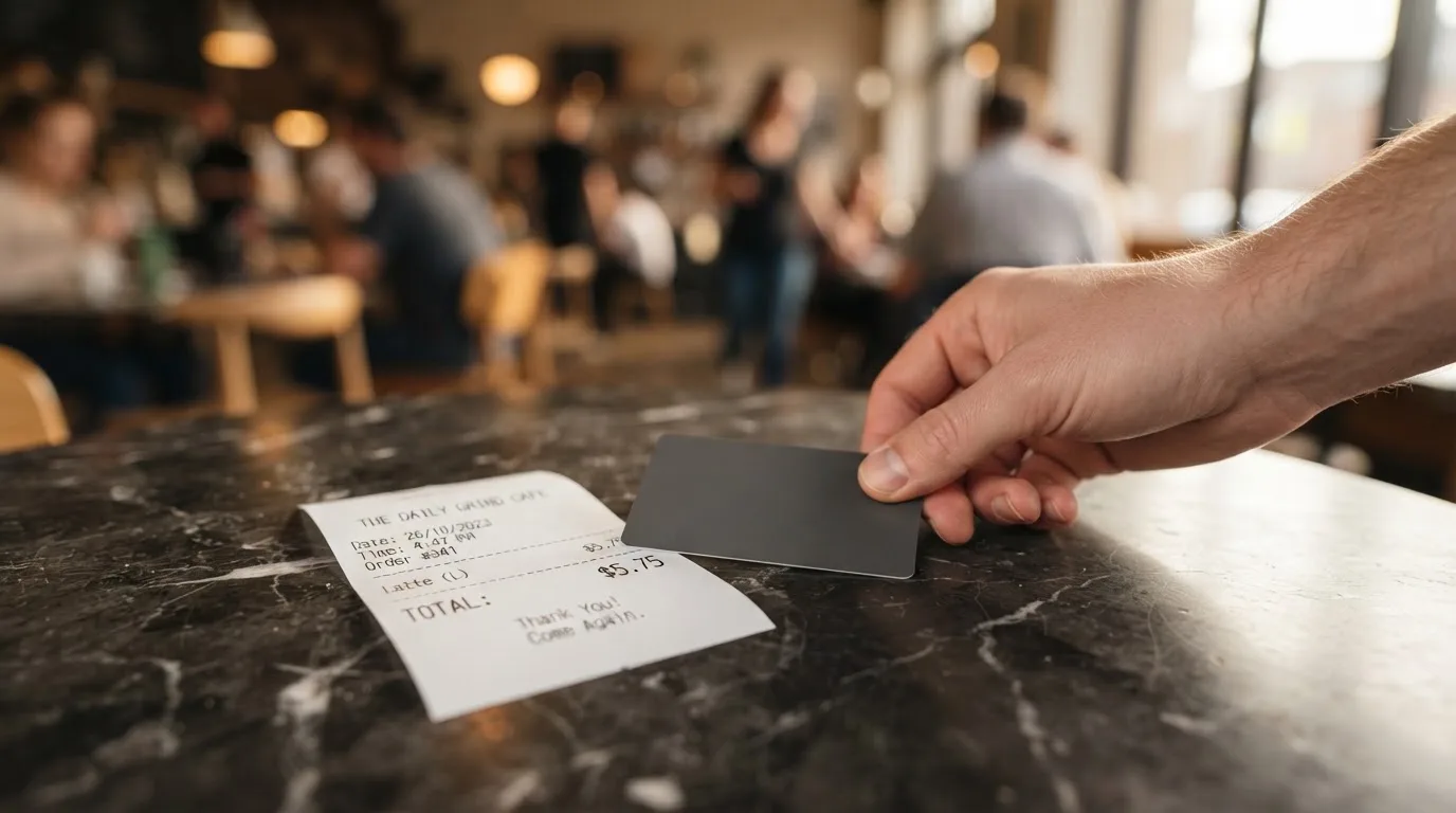 A receipt and a card on a café table