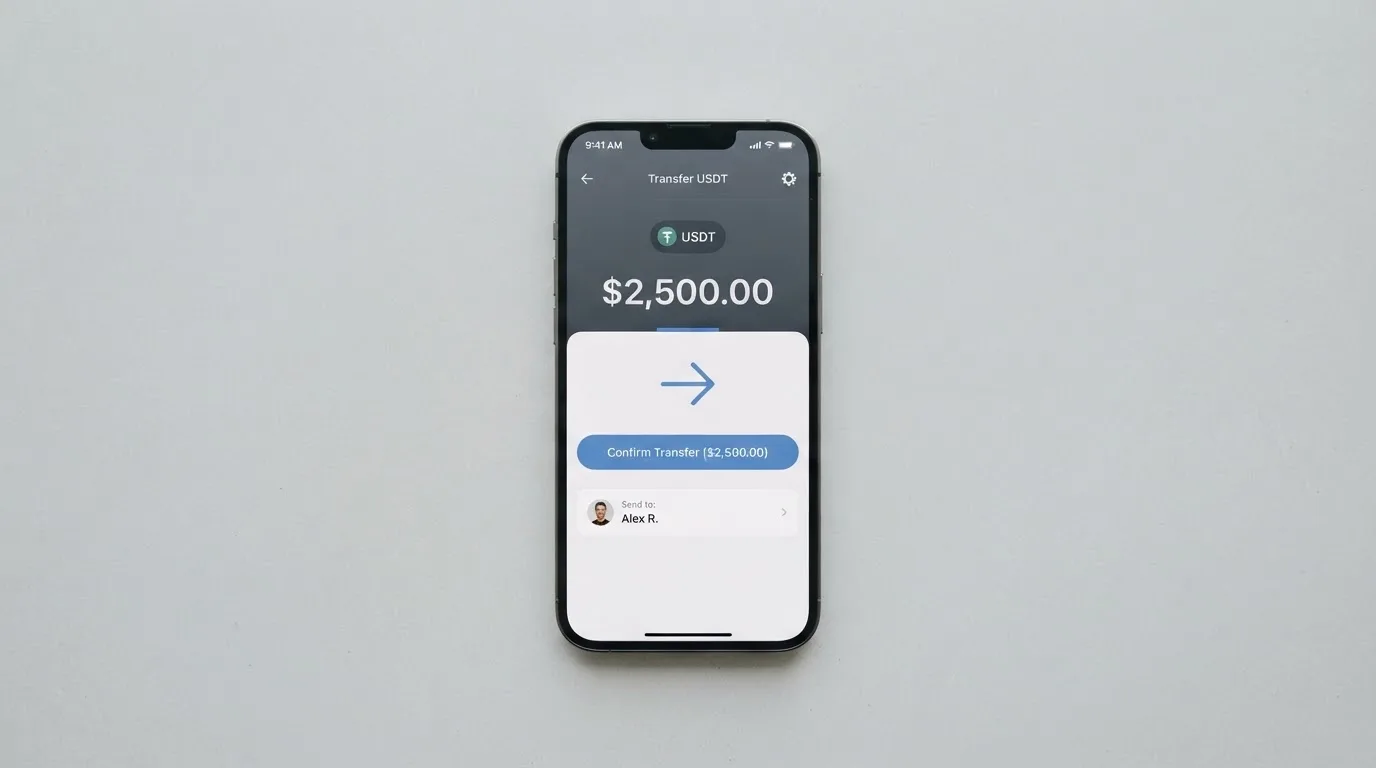 A phone showing a stablecoin transfer screen