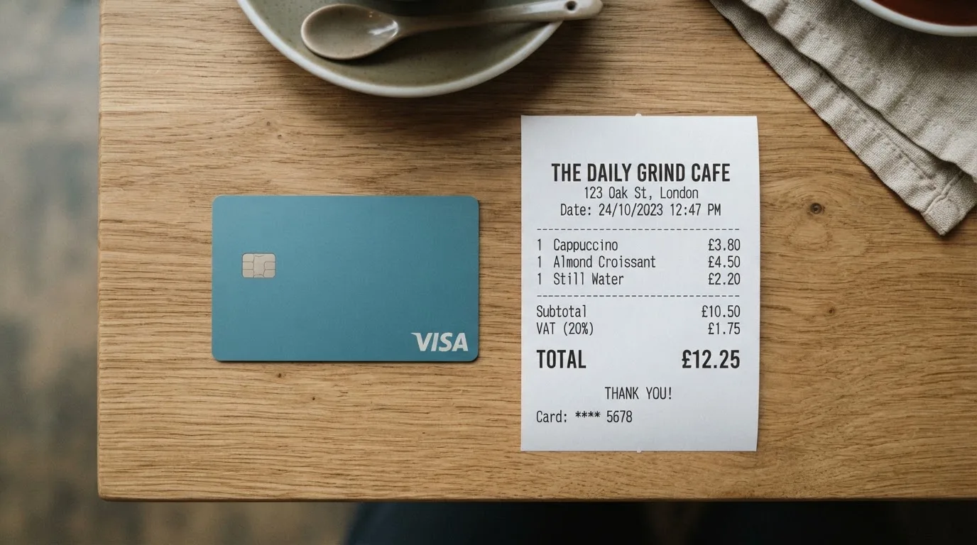 A receipt and a card on a café table