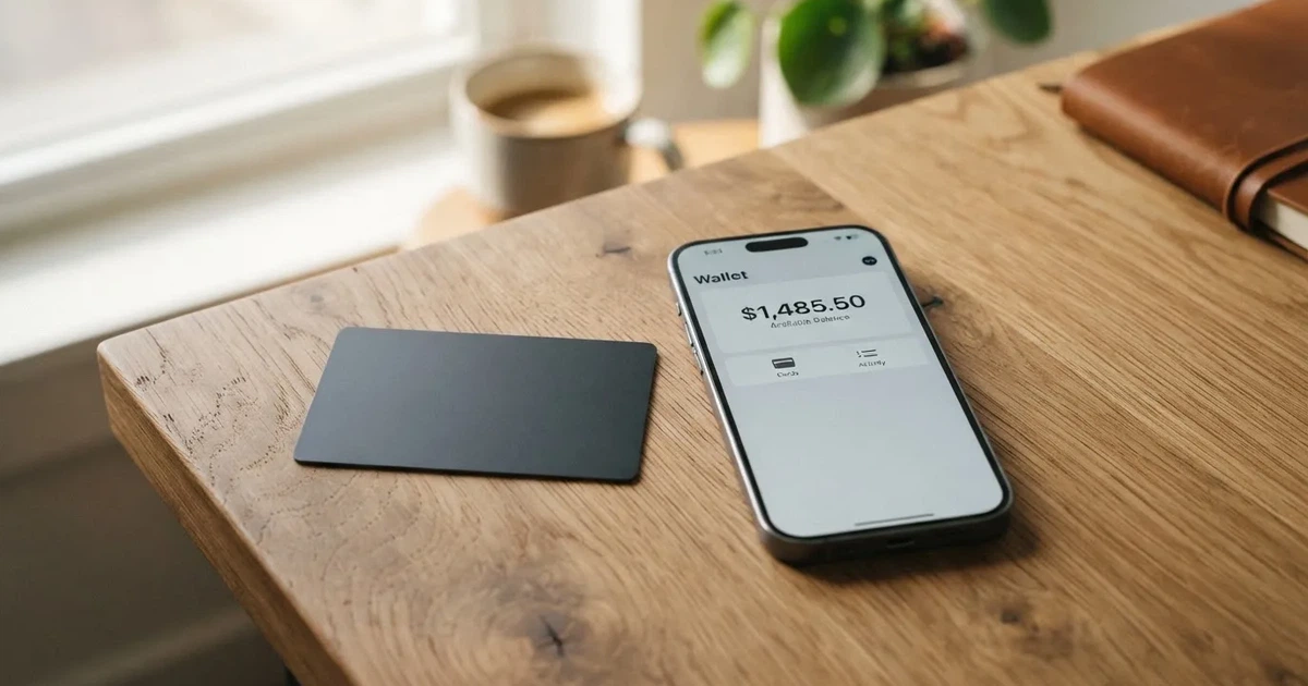 A payment card next to a phone with a crypto wallet app open