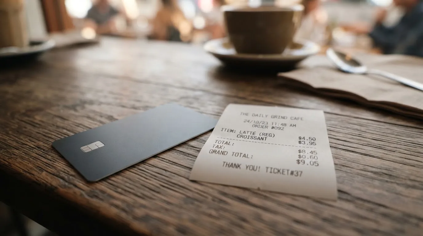 A receipt and a card on a café table