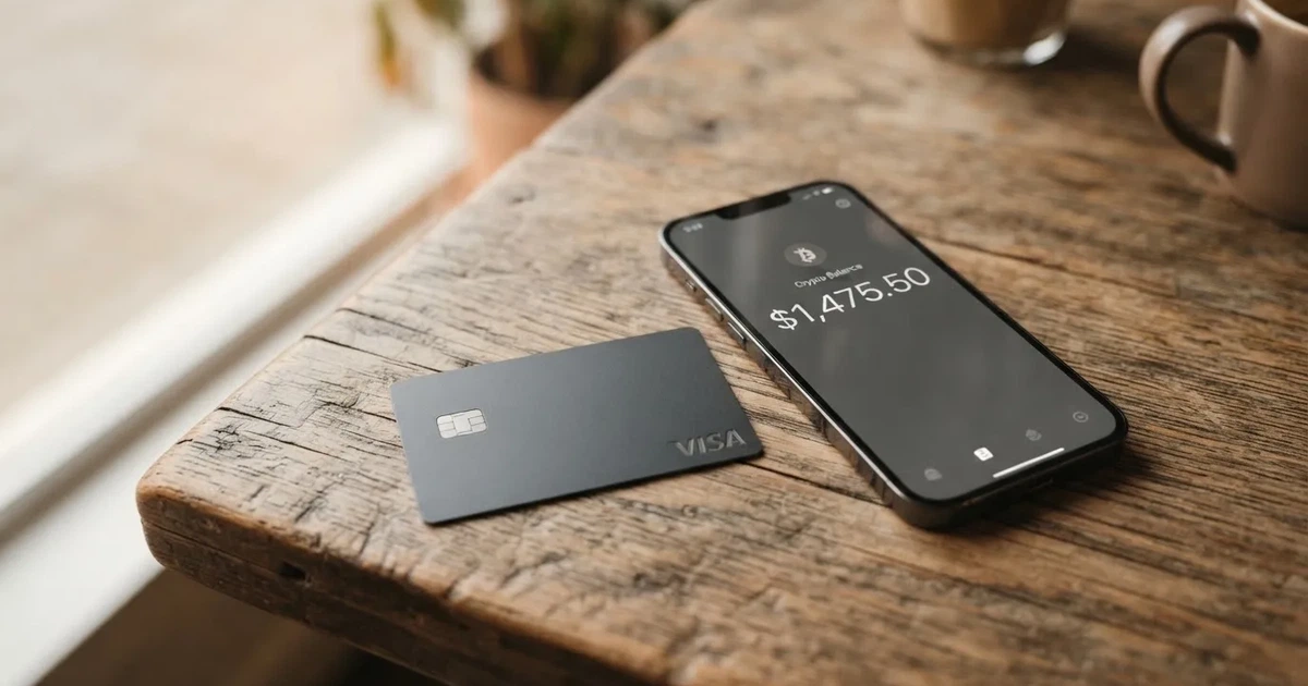 A payment card next to a phone with a crypto wallet app open