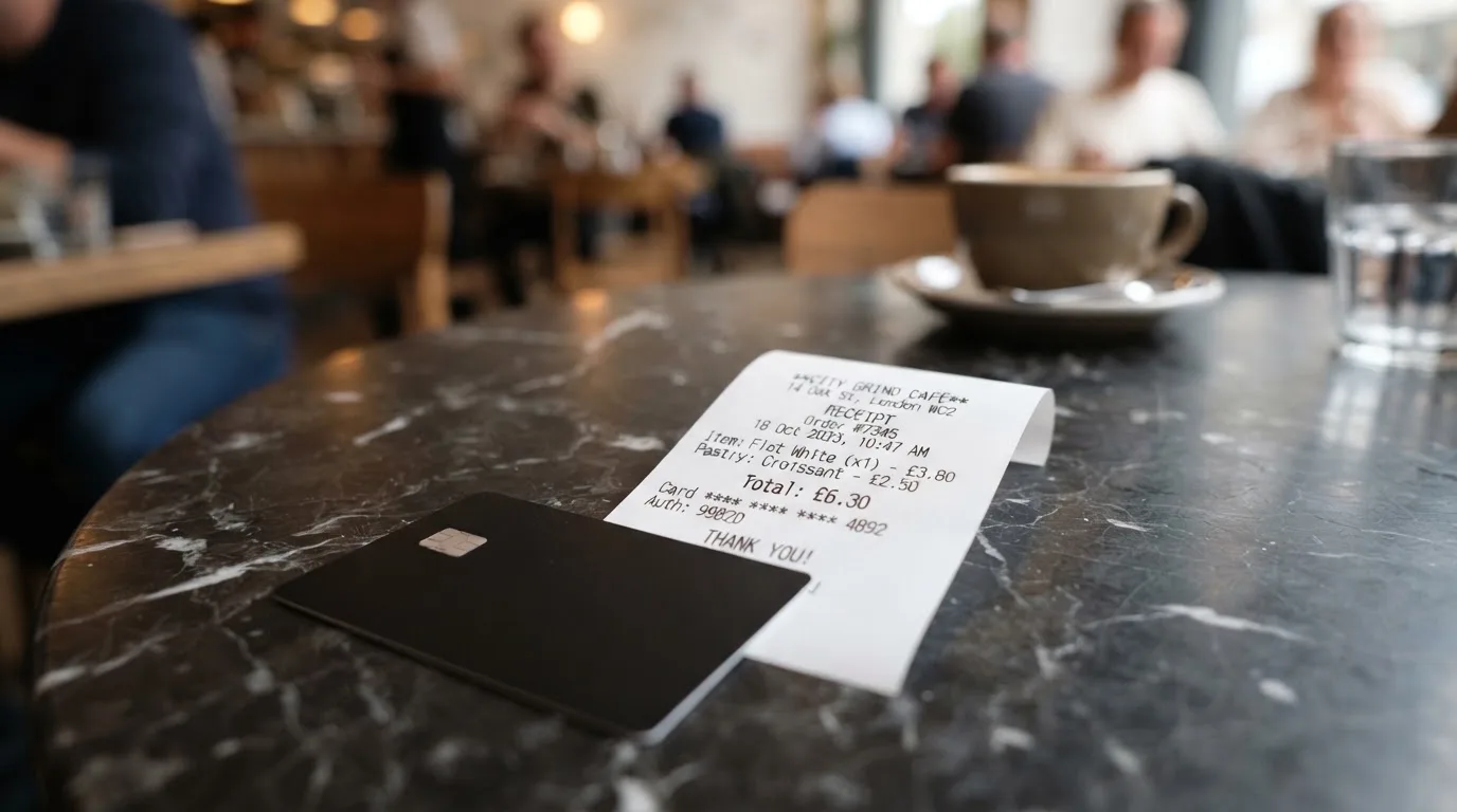 A receipt and a card on a café table